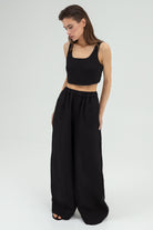 SUNMOR black linen crop top and linen oversized pants for women