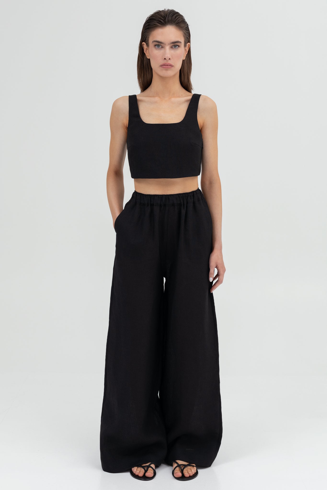 SUNMOR black linen crop top and linen oversized pants for women