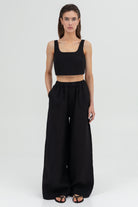 SUNMOR black linen crop top and linen oversized pants for women
