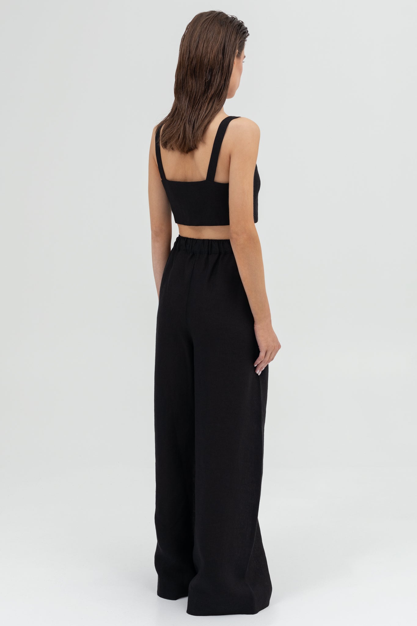 SUNMOR black linen crop top and linen oversized pants for women