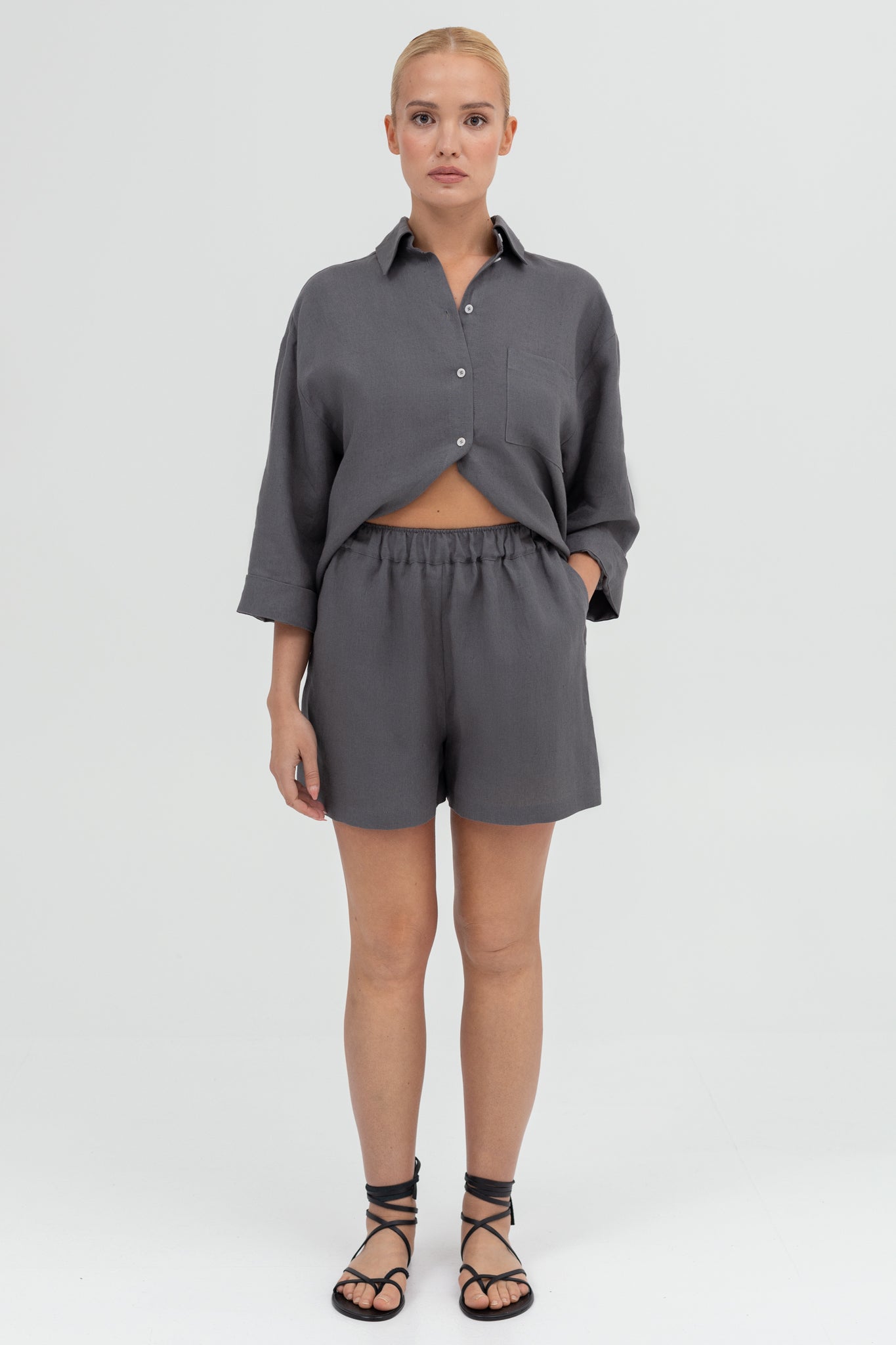 SUNMOR grey linen oversized shorts and grey linen oversized shirt for women