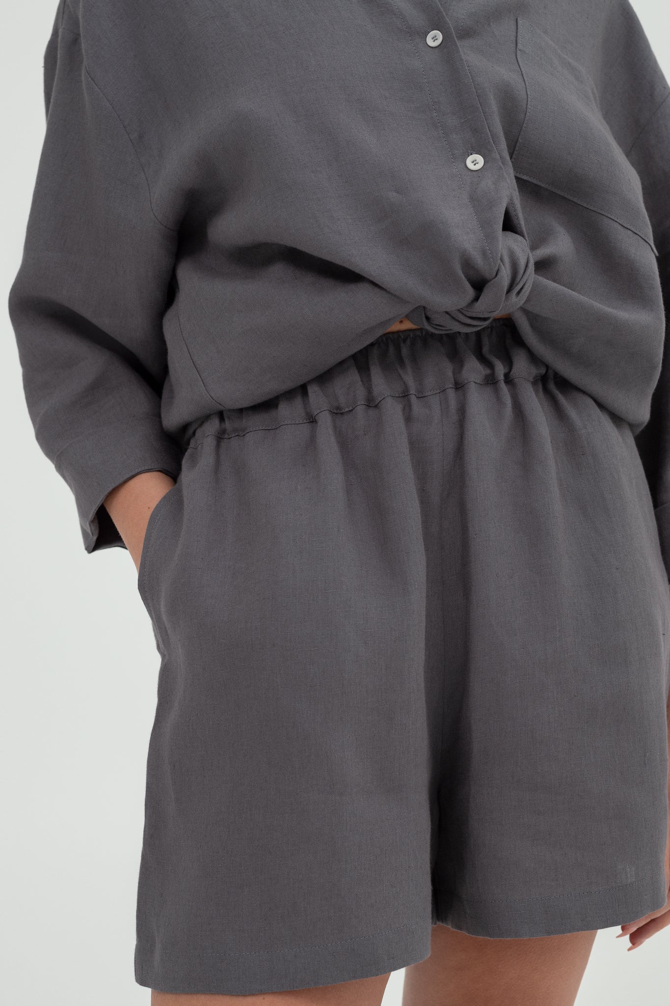 SUNMOR grey linen oversized shorts and grey linen oversized shirt for women