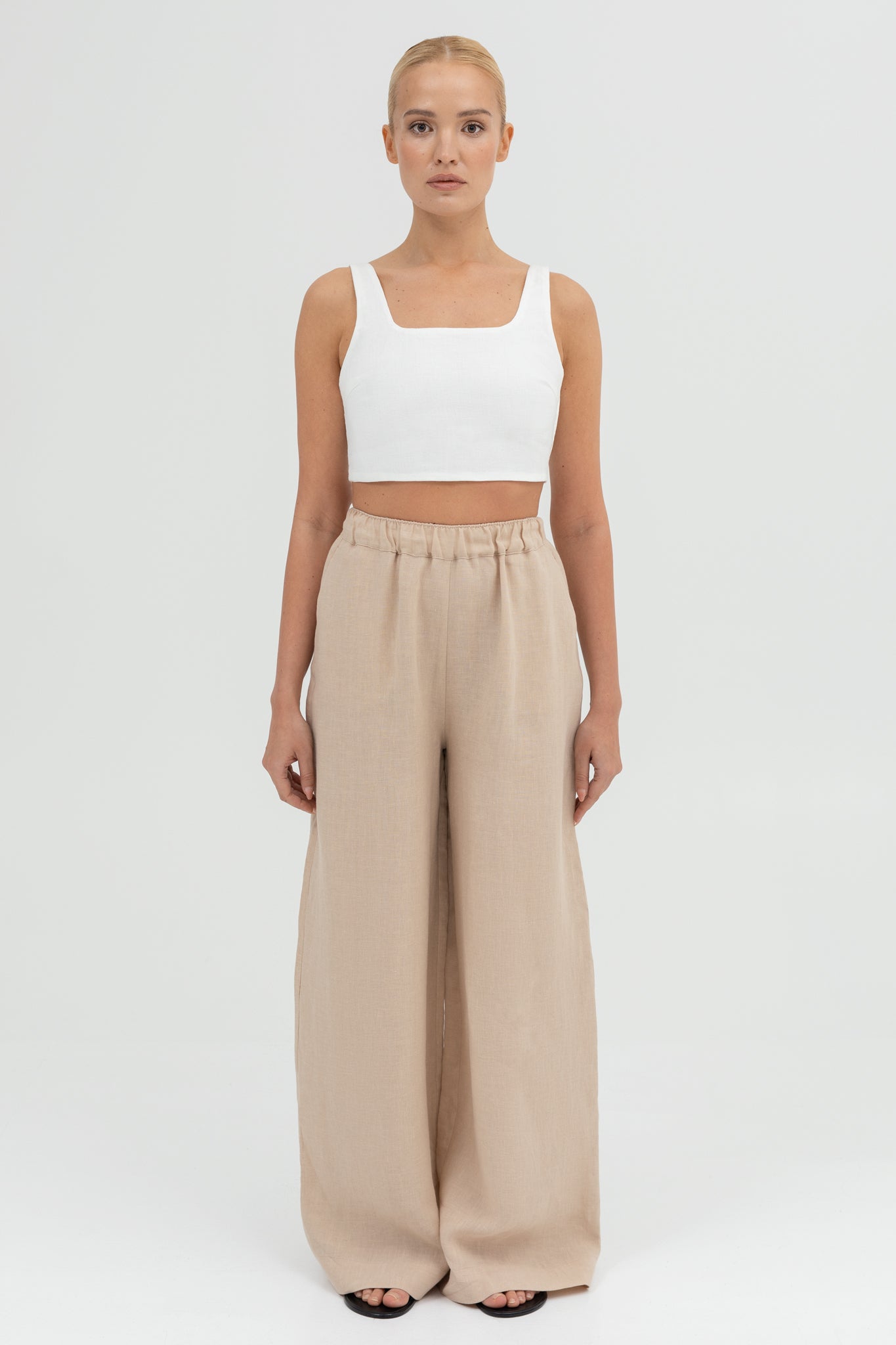 SUNMOR white linen crop top and beige linen wide leg pants for women