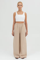 SUNMOR white linen crop top and beige linen wide leg pants for women