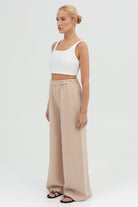 SUNMOR white linen crop top and beige linen wide leg pants for women