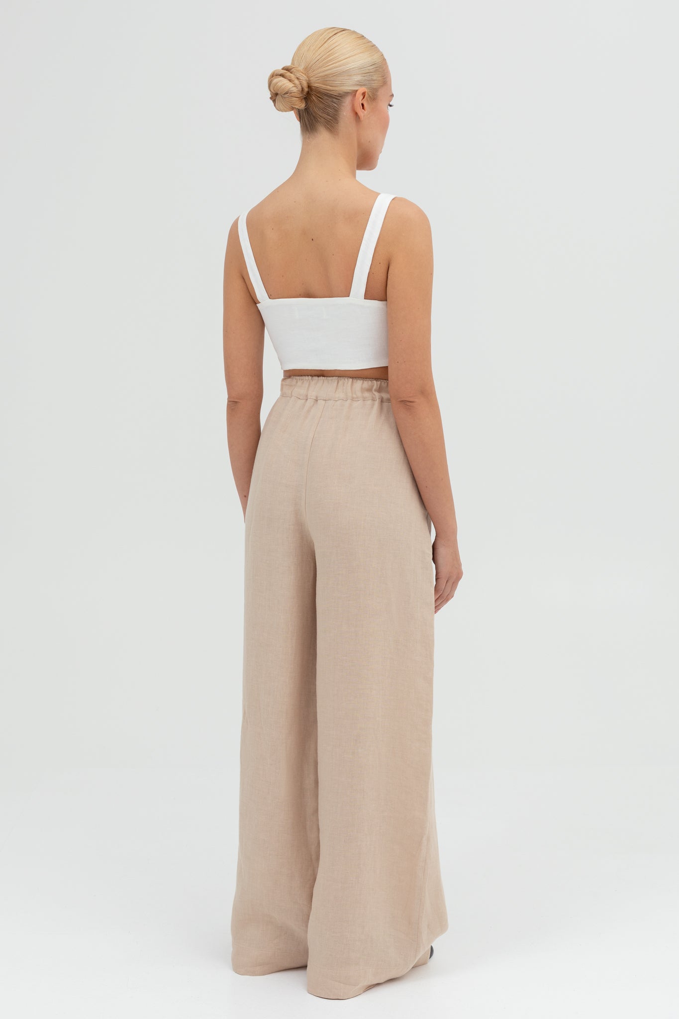 SUNMOR white linen crop top and beige linen wide leg pants for women