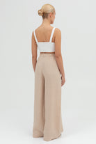 SUNMOR white linen crop top and beige linen wide leg pants for women