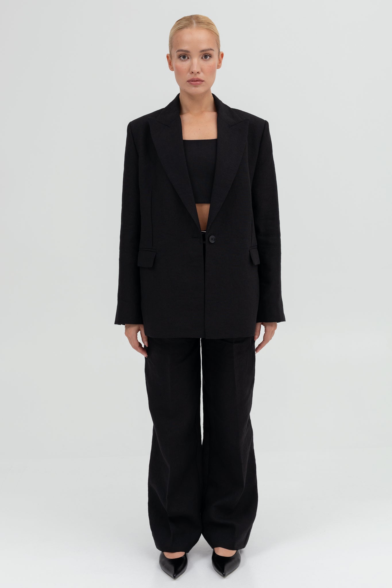 SUNMOR black linen oversized blazer and black linen wide leg trousers for women