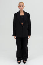 SUNMOR black linen oversized blazer and black linen wide leg trousers for women