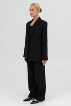 SUNMOR black linen oversized blazer and black linen wide leg trousers for women