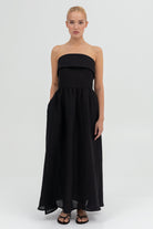 SUNMOR black linen attachable strap maxi dress for woman