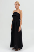 SUNMOR black linen attachable strap maxi dress for woman