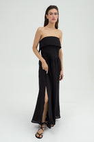 SUNMOR black linen attachable strap maxi dress for woman