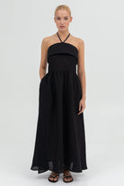 SUNMOR black linen attachable strap maxi dress for woman