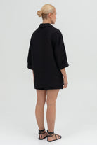 SUNMOR black linen oversized shirt and black linen oversized shorts for women