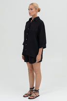 SUNMOR black linen oversized shirt and black linen oversized shorts for women