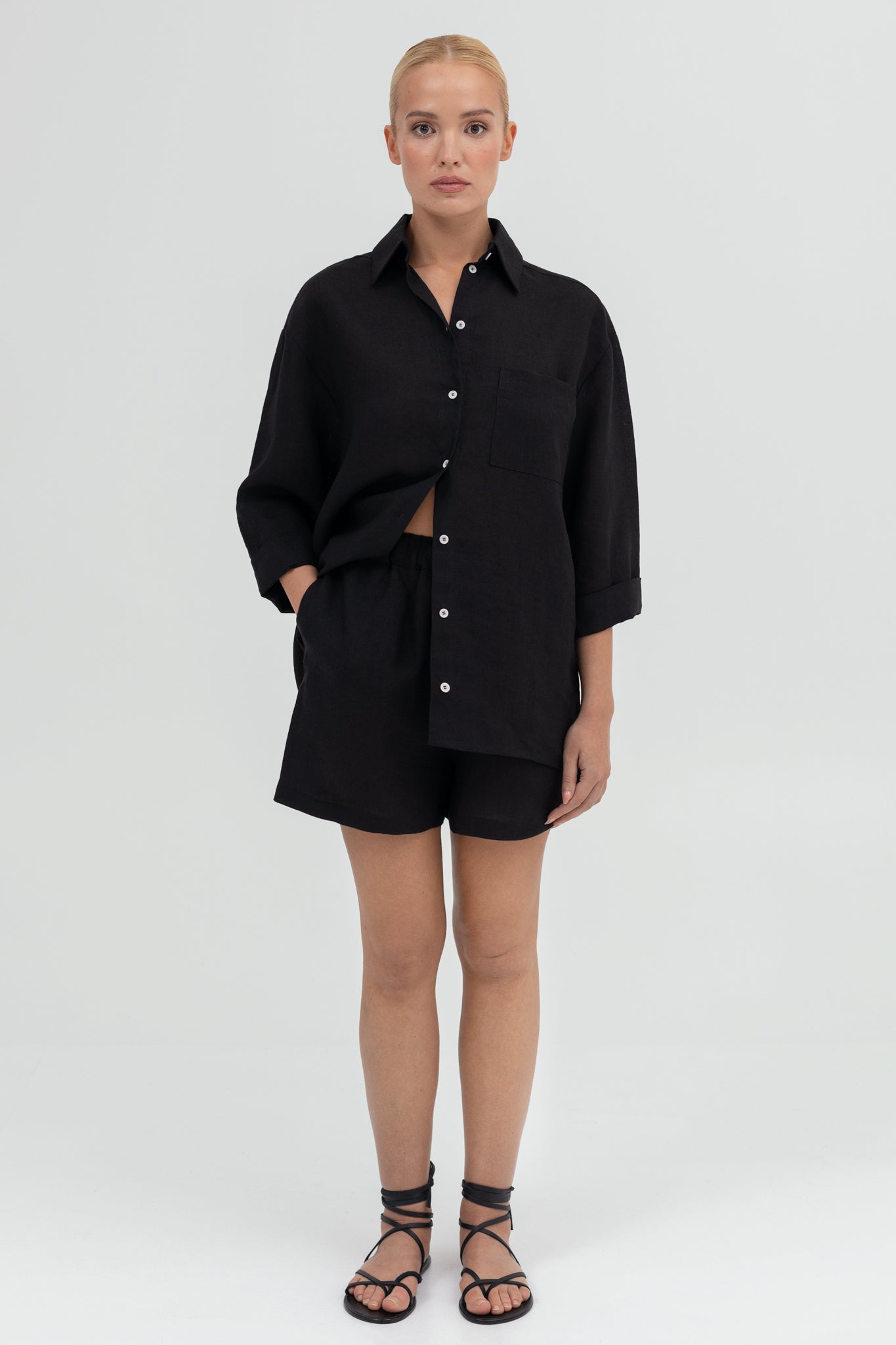 SUNMOR black linen oversized shirt and black linen oversized shorts for women