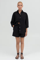 SUNMOR black linen oversized shirt and black linen oversized shorts for women