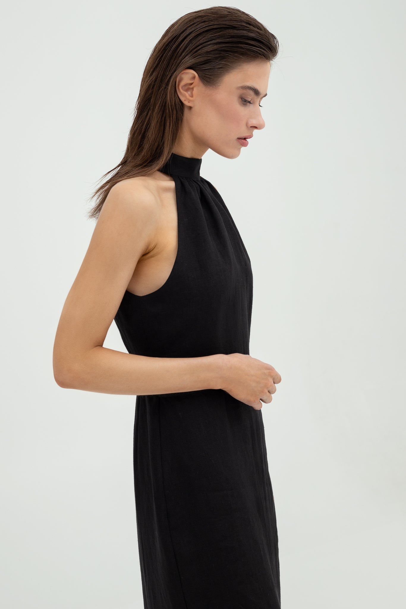 SUNMOR black linen midi dress for women