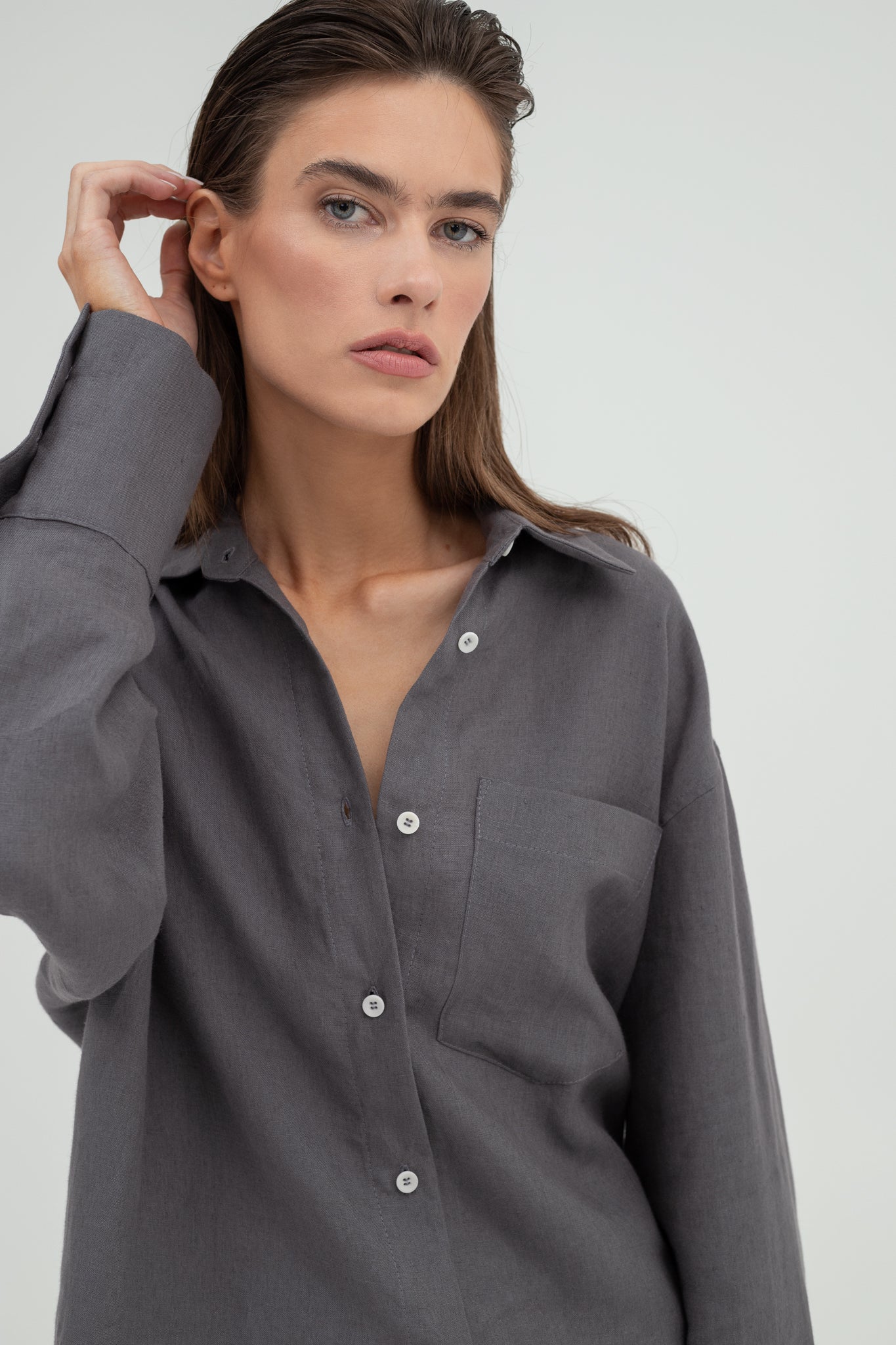 SUNMOR grey linen shirt for women