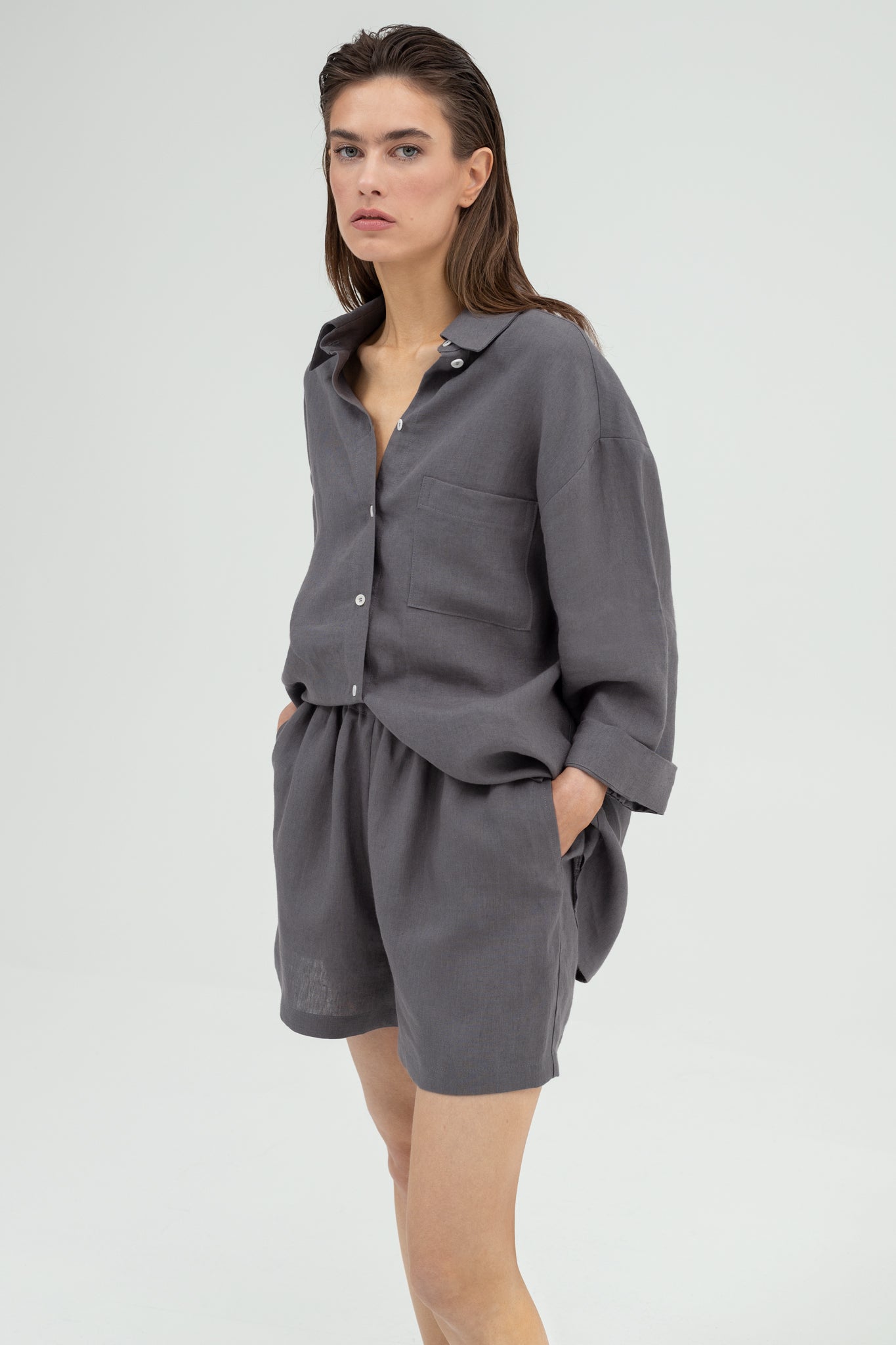 SUNMOR grey linen oversized shirt and grey linen oversized shorts for women