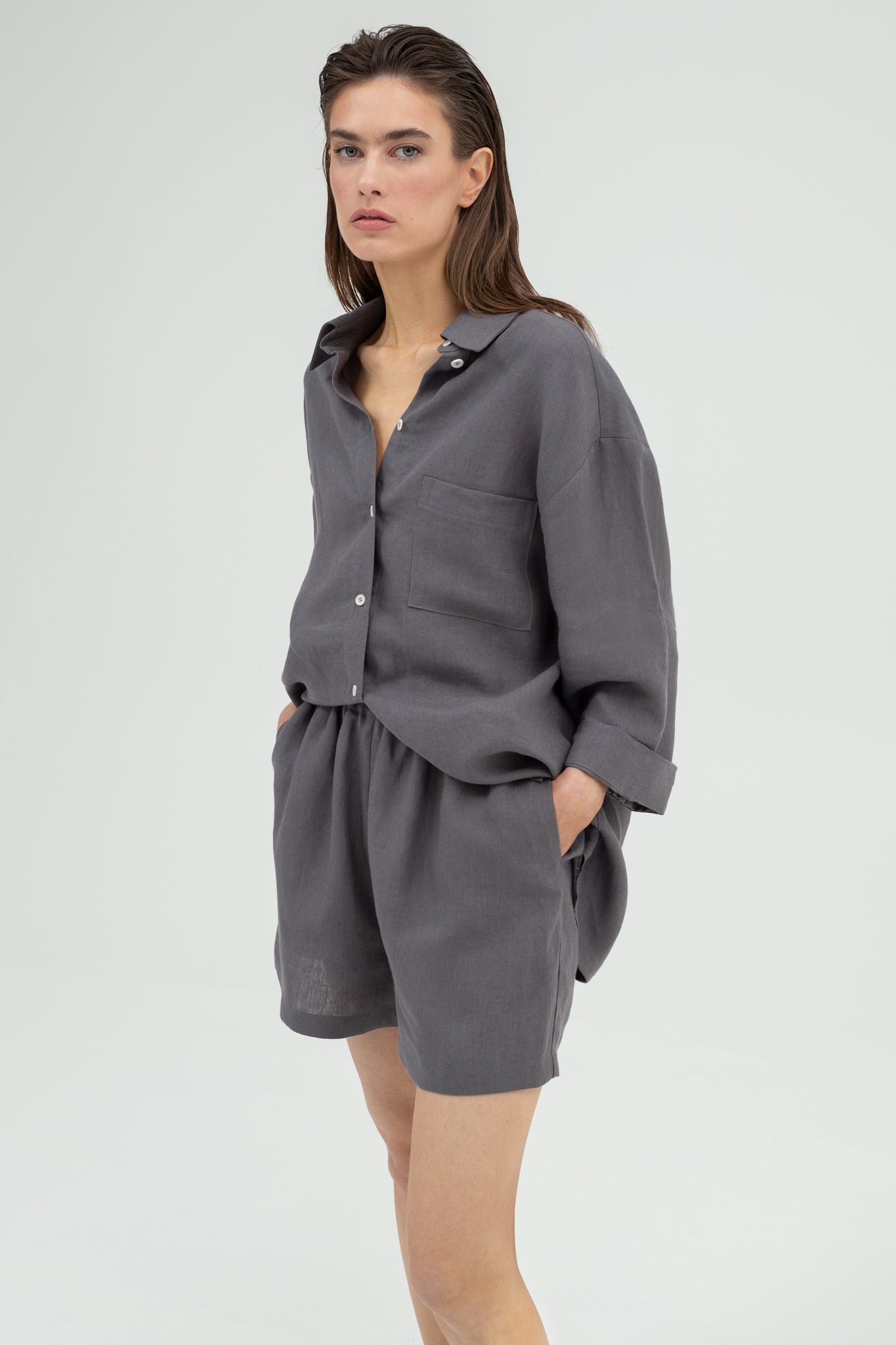 SUNMOR grey linen oversized shorts and grey linen oversized shirt for women