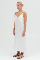 SUNMOR white linen slip midi dress for women