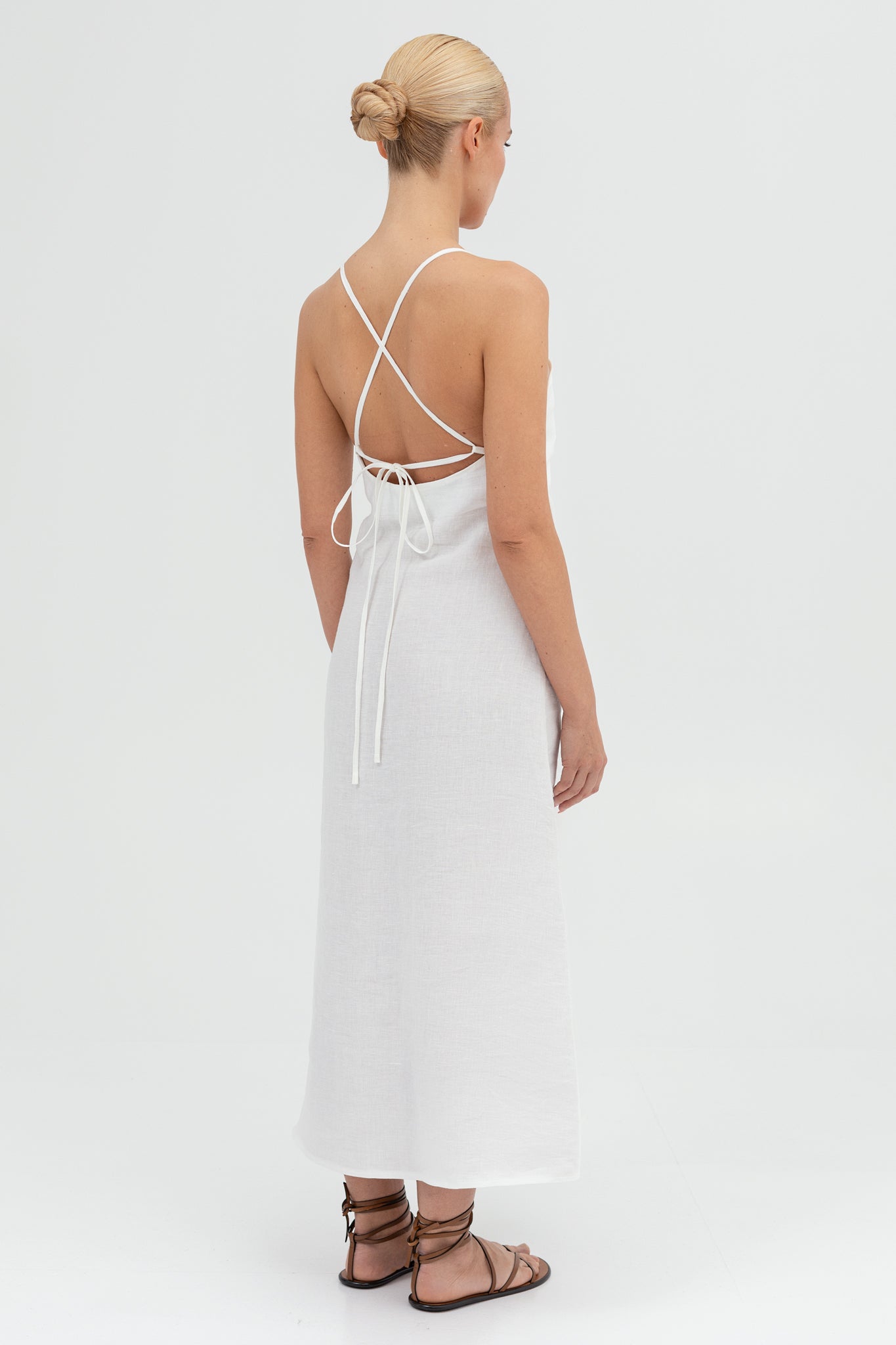 SUNMOR white linen slip midi dress for women