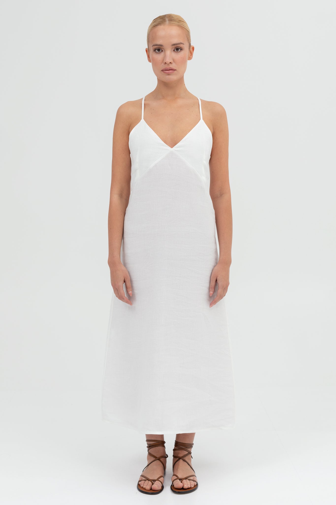 SUNMOR white linen slip midi dress for women