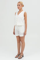 SUNMOR white linen relaxed shorts and white linen boxy oversized vest for women