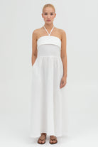 SUNMOR white linen attachable strap  maxi dress for woman