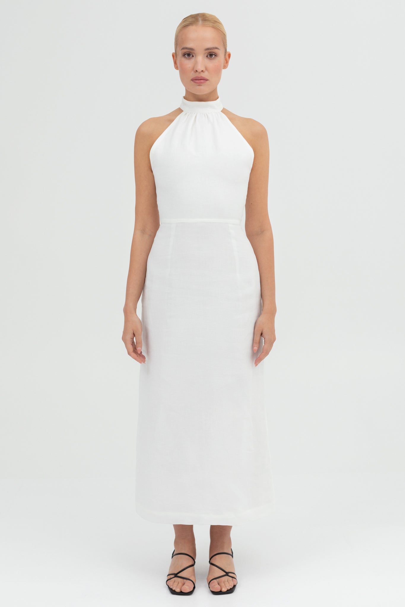 SUNMOR white linen midi dress for women