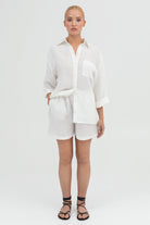 SUNMOR white linen oversized shirt and white linen oversized shorts for women