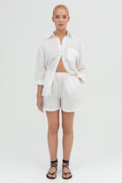 SUNMOR white linen oversized shorts and white linen oversized shirt for women