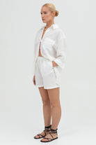 SUNMOR white linen oversized shorts and white linen oversized shirt for women