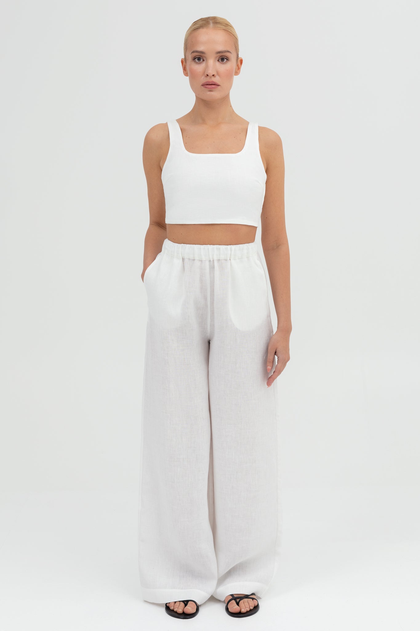 SUNMOR white linen crop top and white linen wide leg pants for women