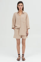 SUNMOR beige linen oversized shirt and beige linen oversized shorts for women