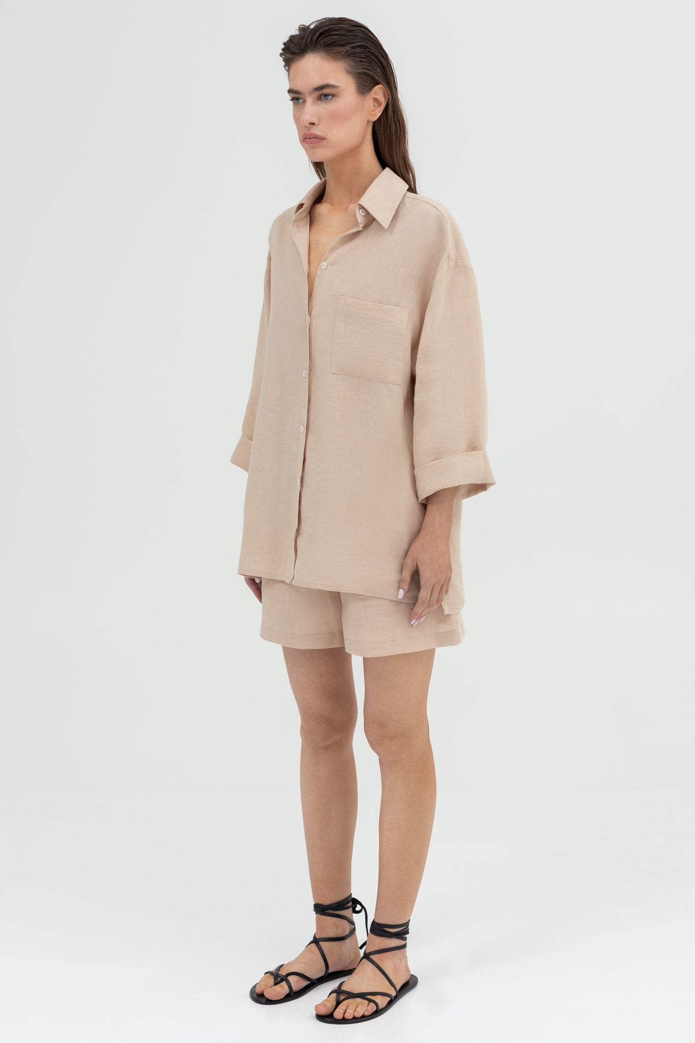 SUNMOR beige linen oversized shirt and beige linen oversized shorts for women