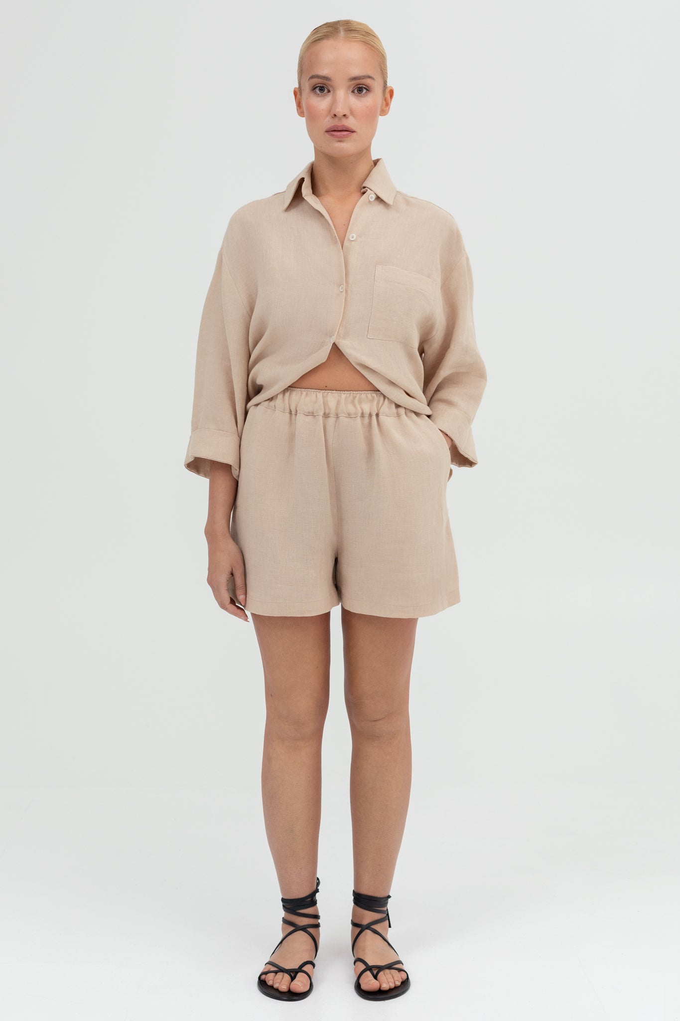 SUNMOR  beige linen oversized shorts and beige linen oversized shirt for women 