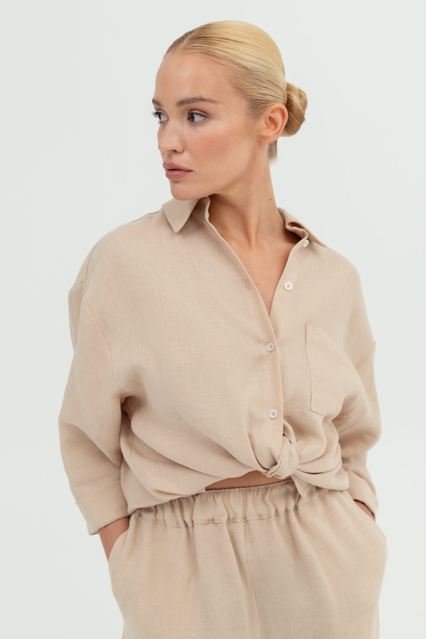 SUNMOR beige linen oversized shorts and beige linen oversized shirt for women