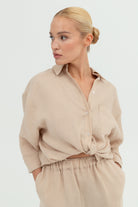 SUNMOR beige linen oversized shorts and beige linen oversized shirt for women