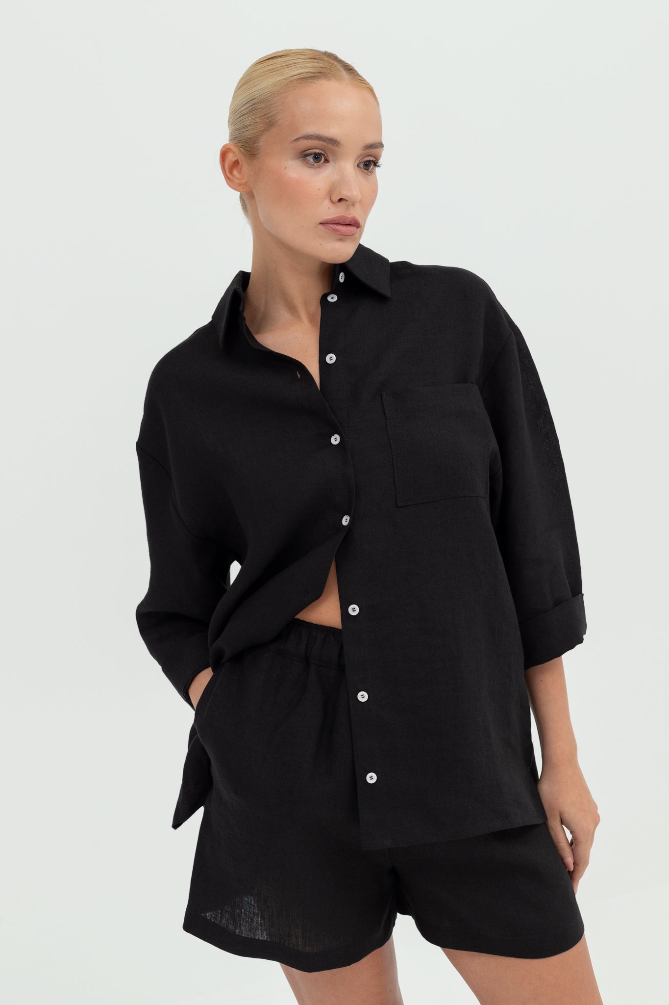 SUNMOR black linen oversized shirt and black linen oversized shorts for women