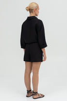 SUNMOR black linen oversized shorts and black linen oversized shirt for women