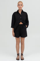 SUNMOR black linen oversized shorts and black linen oversized shirt for women