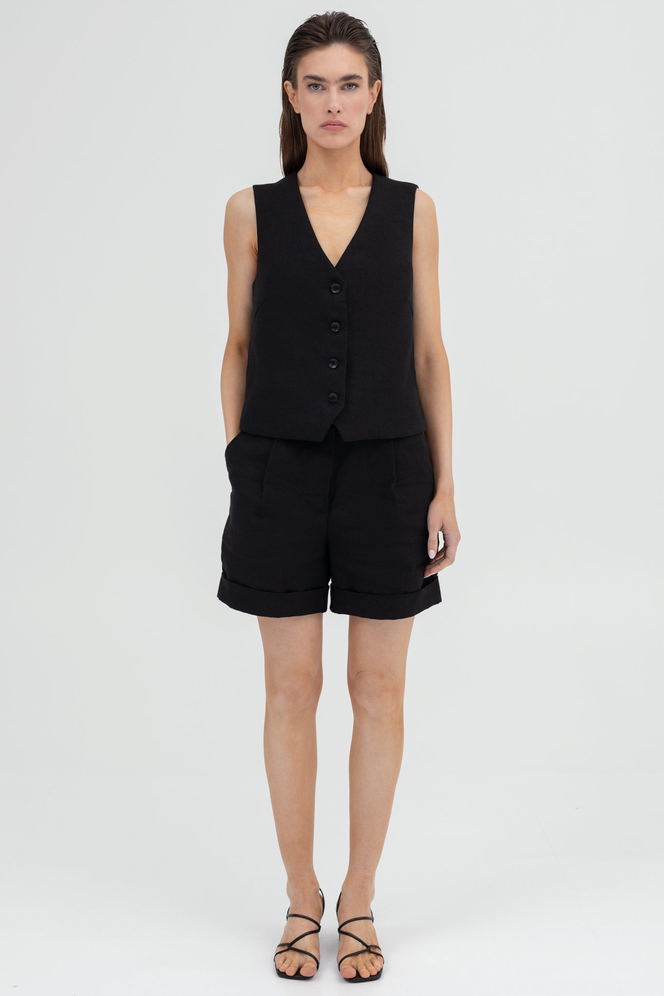 SUNMOR  black linen relaxed shorts and black linen boxy vest for women