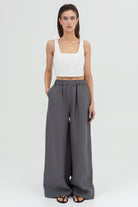 SUNMOR white linen crop top and  grey linen oversized pants for women