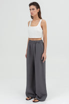 SUNMOR white linen crop top and grey linen oversized pants for women