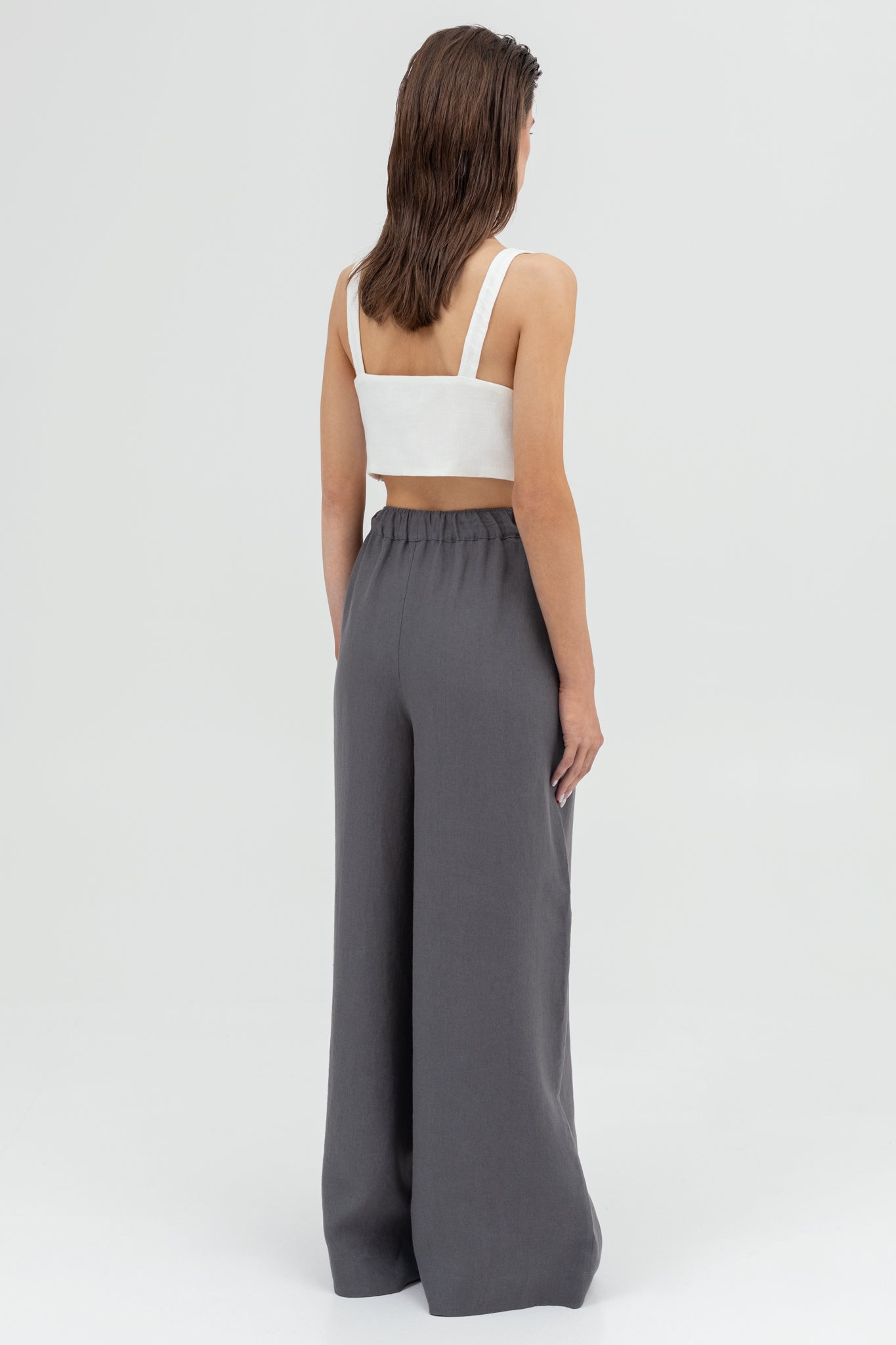 SUNMOR white linen crop top and grey linen oversized pants for women