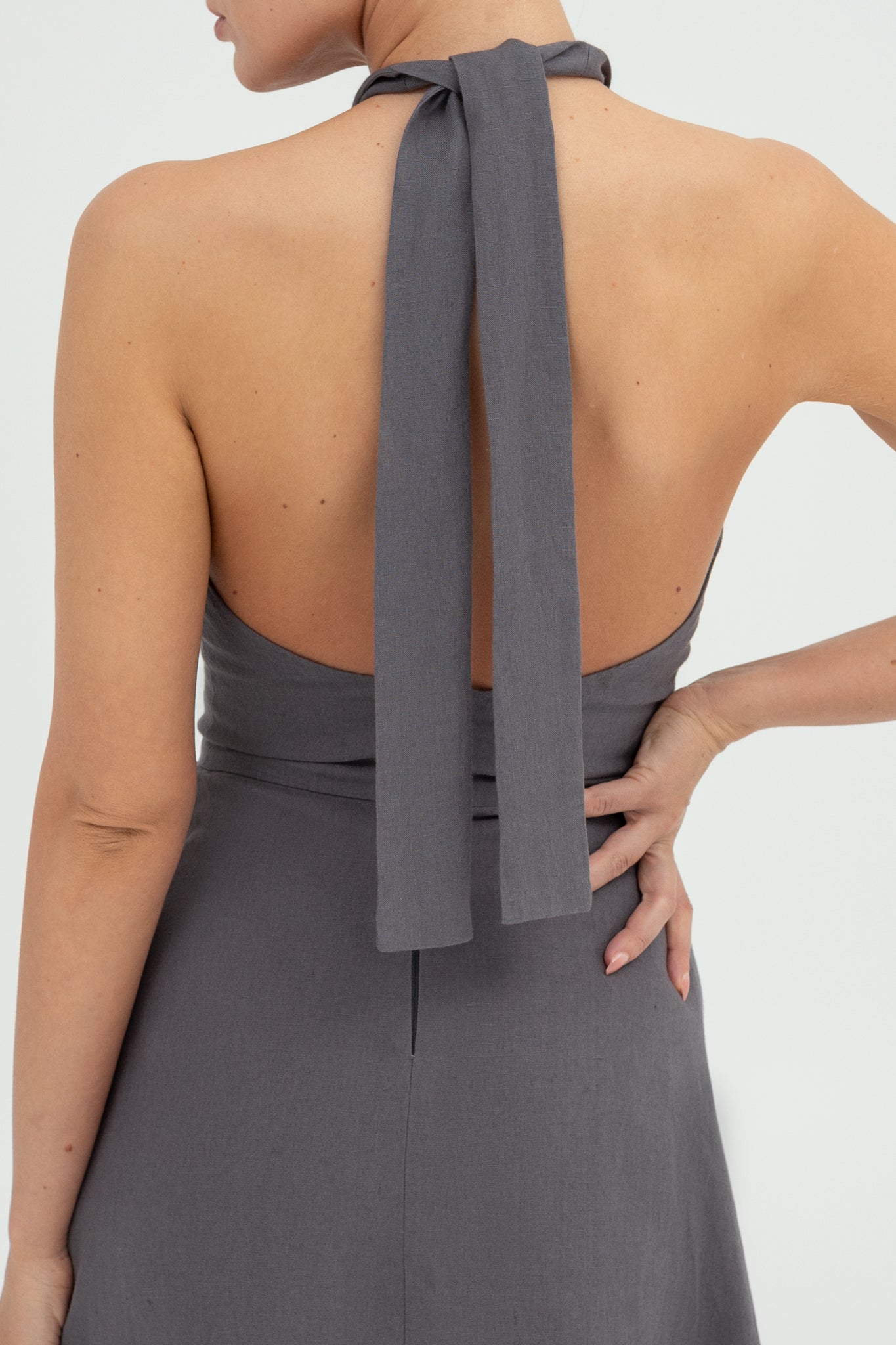 Grey linen twist neck midi dress ISA – SUNMOR