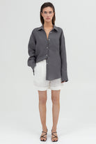 SUNMOR grey linen shirt and white linen relaxed shorts for women